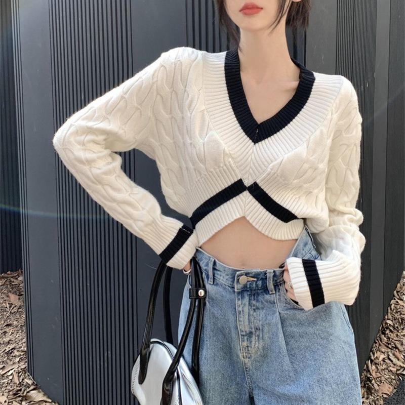 Striped Crop Sweater Women Patchwork Y2K Oversize V-neck Pullover Jumper Basic Loose Knitted Sweaters Tops