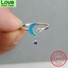 Cute Small Star Moon Ring 925 Sterling Silver Rose Gold Blue Fire Opal Rings For Women Blue Stone Dangle Wedding Thin Ring Band