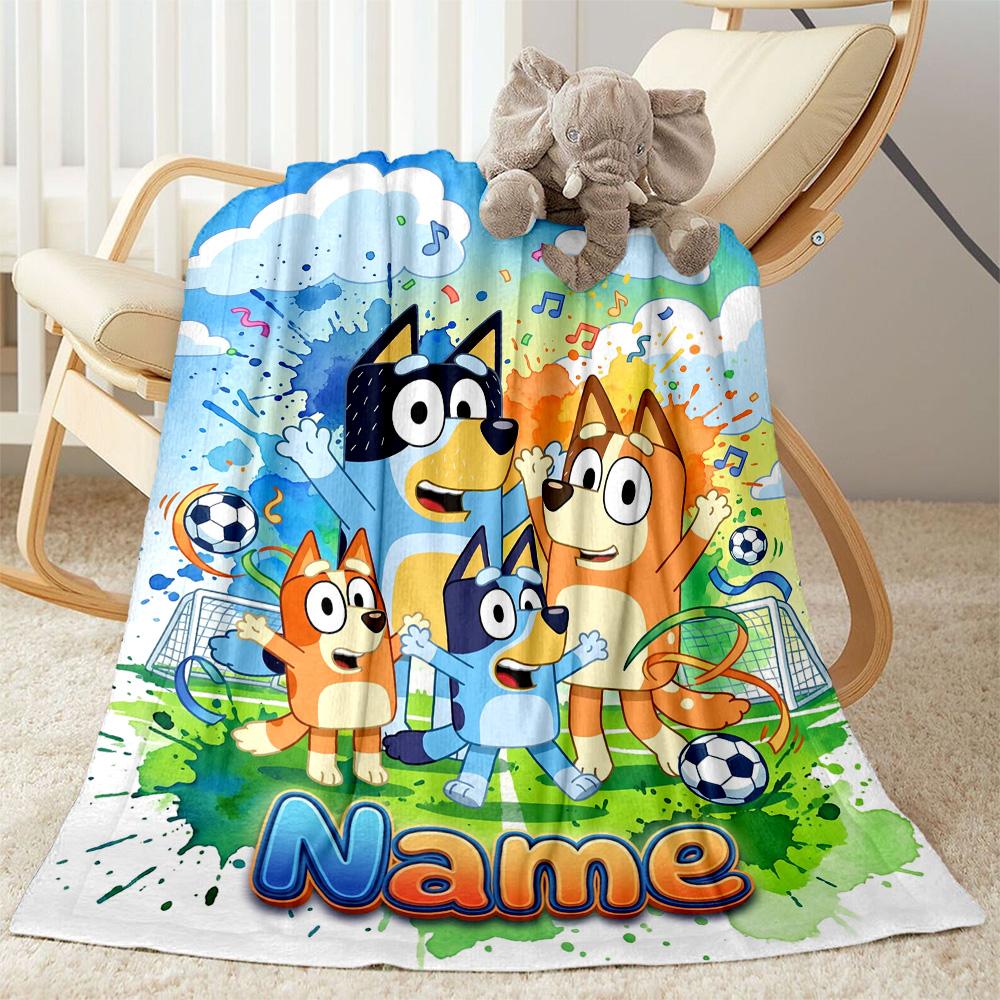 Bluey Soccer Fun Customize Your Name Blanket Gift Personalized Blanket Ultra-Soft Great for Home Decor Office Chair Office Nap Four Seasons Universal