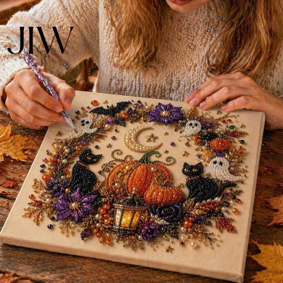 Fall Indoor Art Projects Halloween Faux Pearl DIY Kit, Spooky Cute 3D Beads Painting Crafts, Stress Relief Craft Activities Gothic Ghost Pumpkin