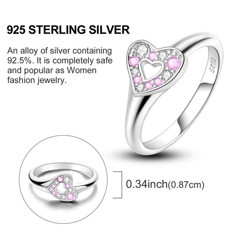 Original Women Silver Rings Sparking Pink Heart Zirconium Ring for Women Girls Engagement Jewelry Anniversary Gift