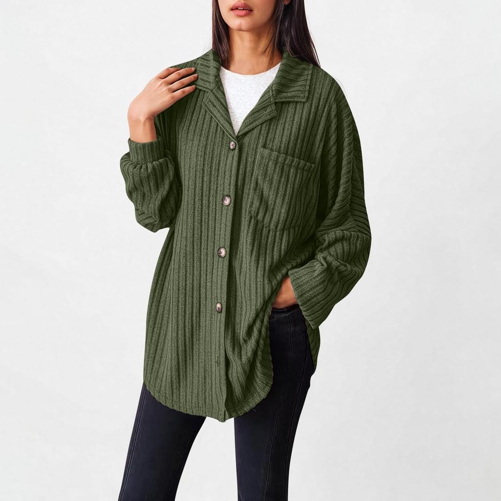 Women's Loose Fit Sleeve Ribbed Knit Button Down Shirt Shacket Boyfriend Shirt Jackets Tops