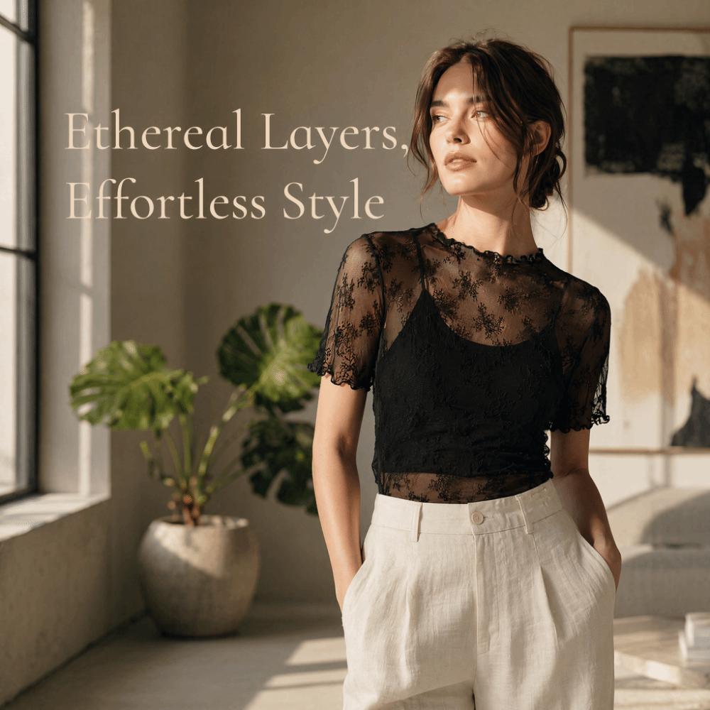 Nylon Sheer Mesh Blouse Short Sleeve Hollow Out Layering Tee Cool Sling Dress Cover Up  Women