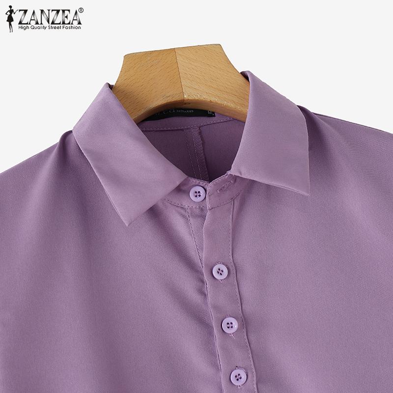 ZANZEA Женское повседневное однотонное платье с коротким рукавом и отложным воротником