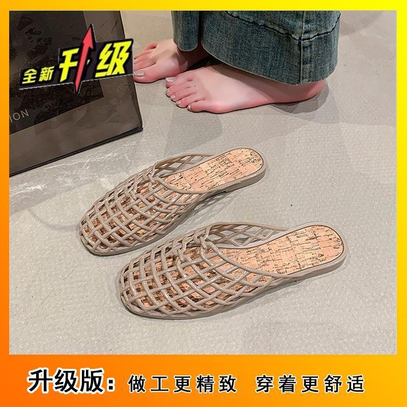 Модные сетчатые нескользящие сандалии с плоской подошвой и отверстиями для пляжа, новинка лета и осени 2025 года, прозрачные шлепанцы с закрытым носком и вырезами