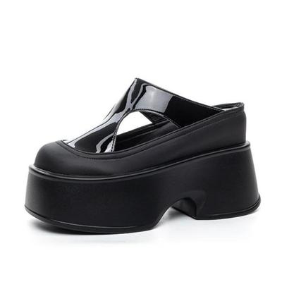 Модный Высокий Бренд 11СМ Женские Натуральная Кожа Роскошные Летние Модные Туфли-Лодочки Массивный Каблук Крючок РИМ Платформа Обувь на Танкетке Мэри Джейн Шлепанцы