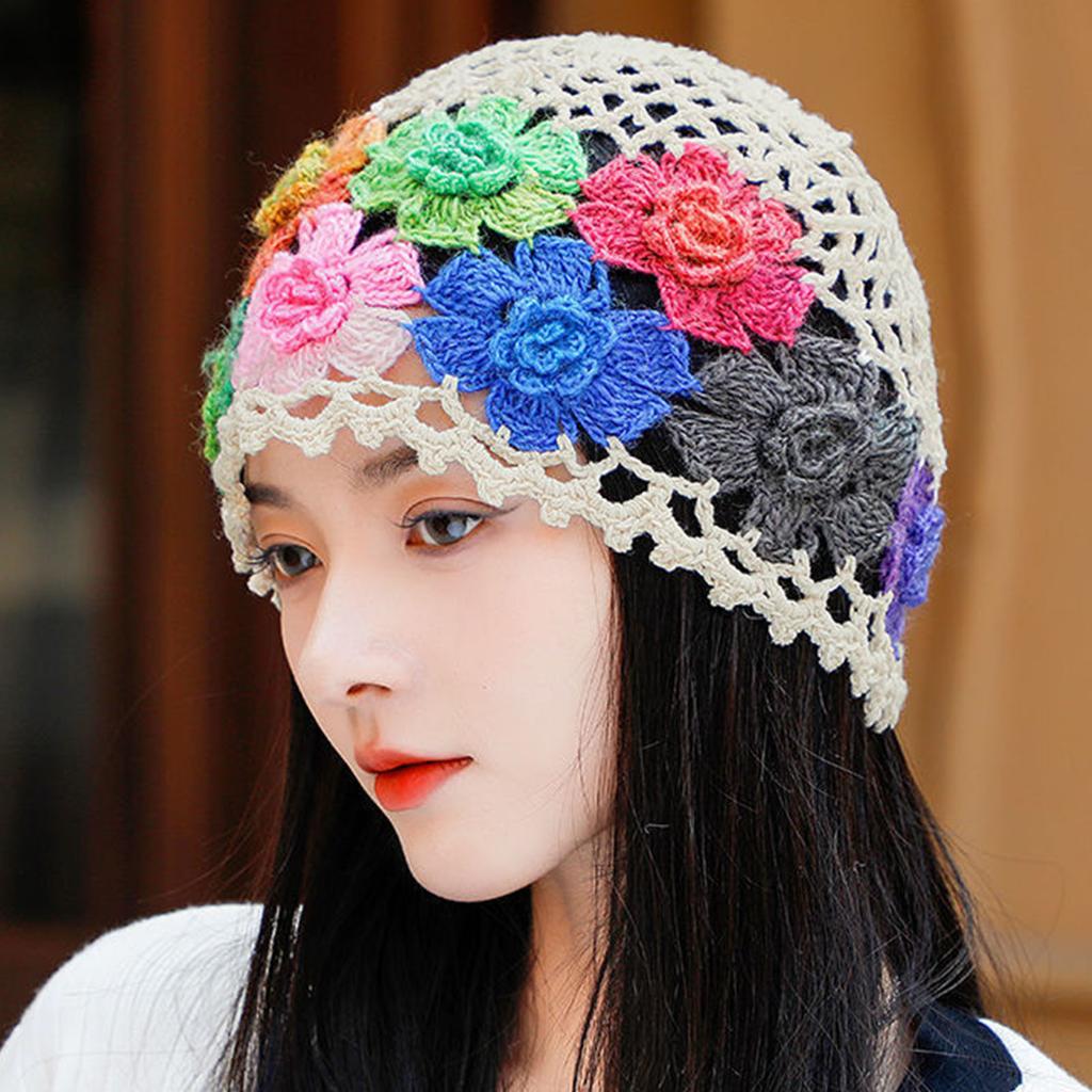 HollowOut Flower Cotton Beanie Hat Openwork Design Stretchy Skull Cap For Women Vacation Wear Photography Headpiece