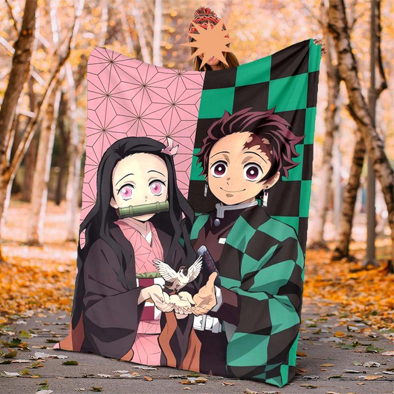 Tanjirou Nezuko Flannel Blanket Soft Warm All-Season Throw, Design for Camping, Car Travel, Hiking Sofa, Bed, Office Perfect Gift for Parties