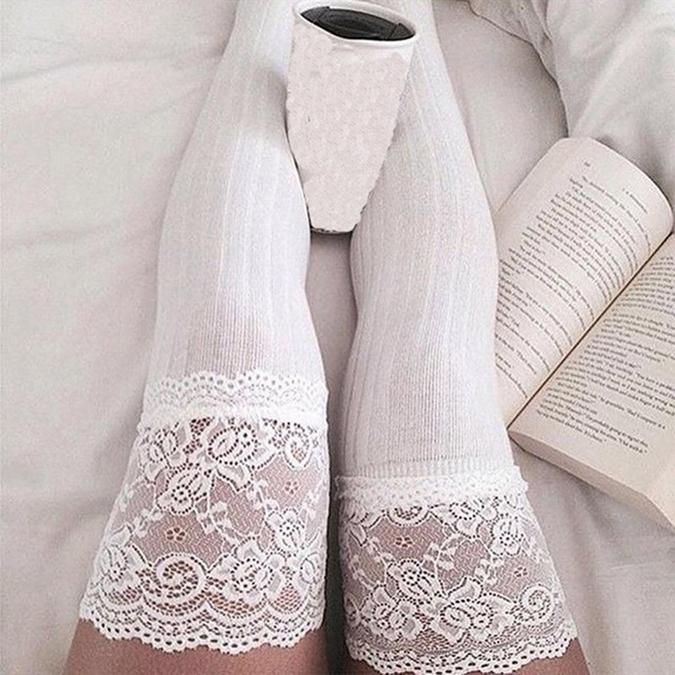 Women Knitting Lace Cotton Over Knee Thigh Stockings High Socks Pantyhose Tights