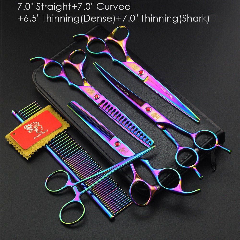7.0" 8.0 Ch Profional Pet Scissors for Dog Groomg Straight & Thng & Curved Shears FeShark Teeth 4pcsSet +Comb Bag