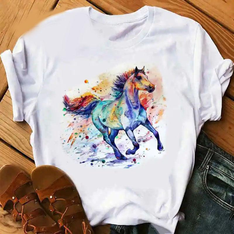 Just A Girl Love Horse Unisex T Shirt Summer Short Sleeve O Neck Tshirts Horse Animal Print Lady Clothes Tee Top FeUnisex T-shirt