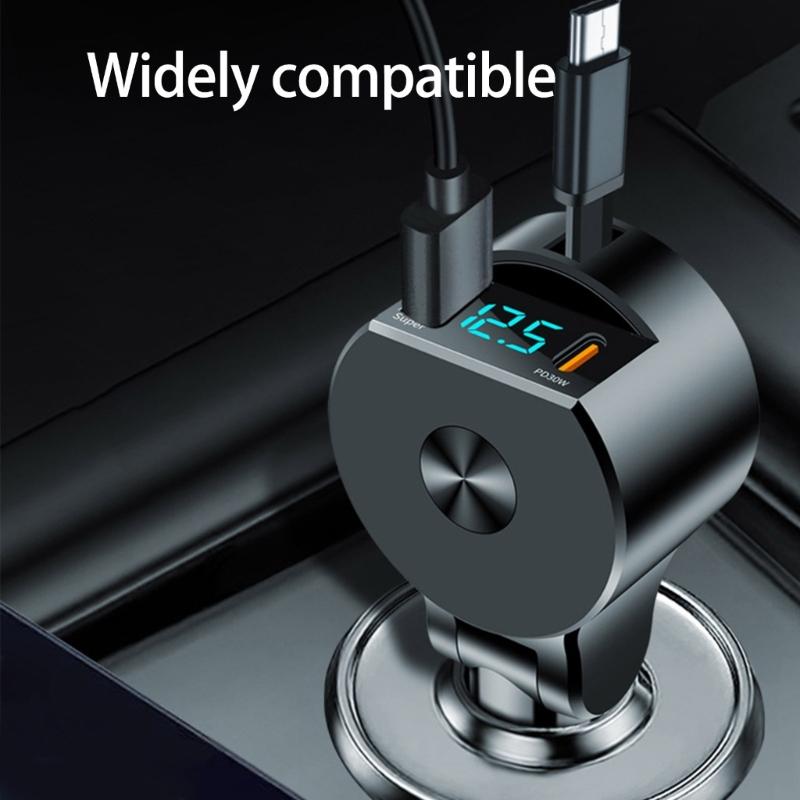 Портативное автомобильное зарядное устройство с выдвижным шнуром, поддержка быстрой зарядки PD30W, совместимость с широким диапазоном напряжений 12В-24В для телефонов