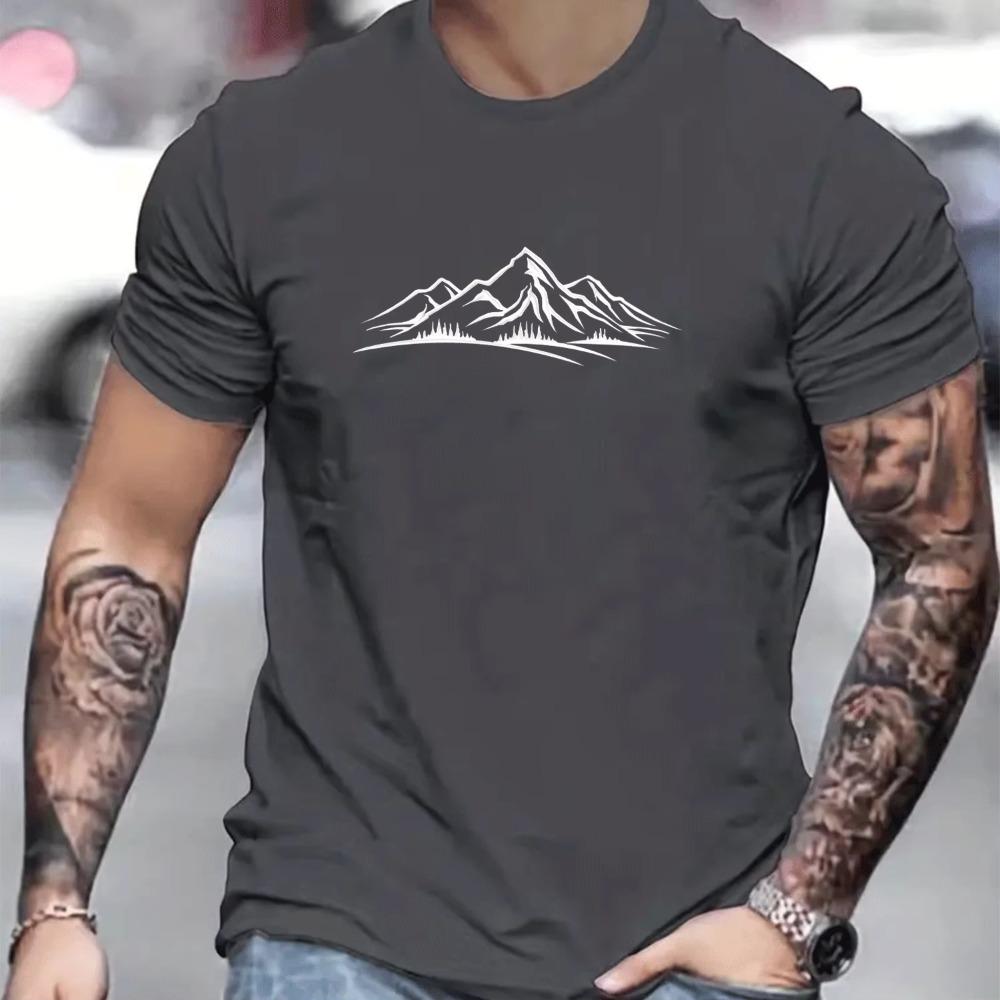 Men's Summer 100% Pure Fashionable Casual Loose Sports Mountain Pattern Print Round Neck Short Sleeved T-shirt Top Tshirt