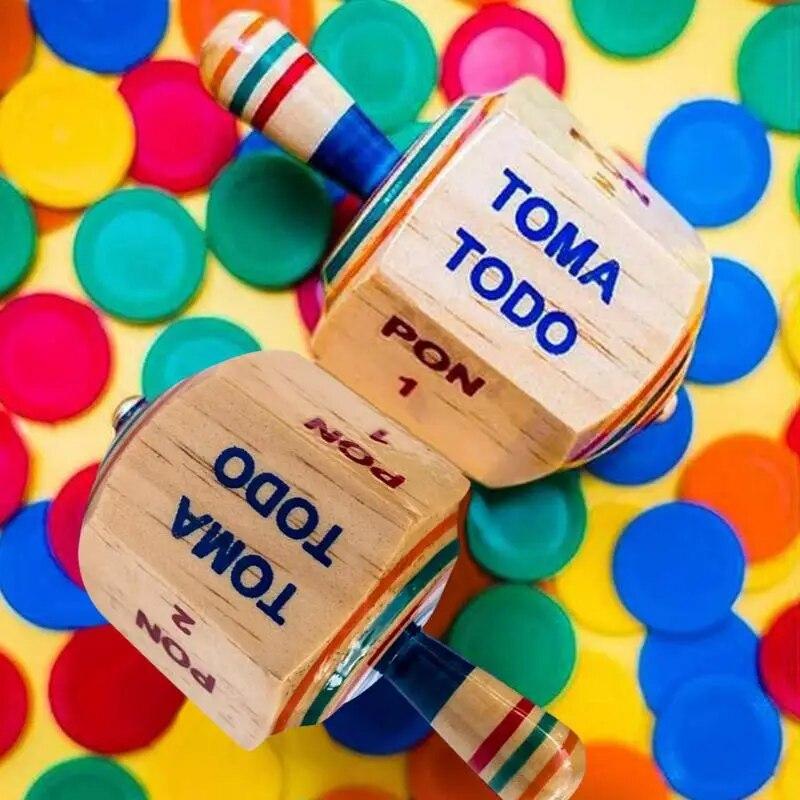 Toma Todo Set -Mexican Fiesta, Kids and Adults Family Party Games, Bachelor Parties or Baby Shower, Wood Spinning Top Game