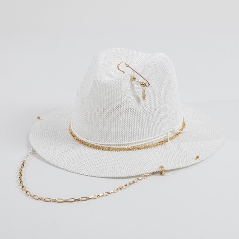 Cross Border Fashion Chain Sun Hat for Women, Panama Straw Hat with Metal Chain, Vacation Beach Sun Cap