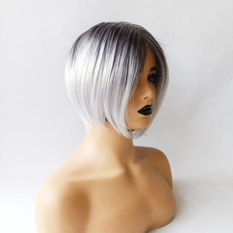 Парик женский с короткими волосами европейский и американский химический волокнистый головной убор женский черный серый постепенное изменение цвета бобо короткий прямой парик из волос