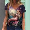 Lightweight Mermaid Digital 3D Print T Shirts Women Versatile Pullover Short Sleeve Summer Casual V-Neck Female Harajuka Tops