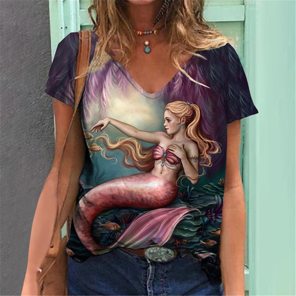 Lightweight Mermaid Digital 3D Print T Shirts Women Versatile Pullover Short Sleeve Summer Casual V-Neck Female Harajuka Tops