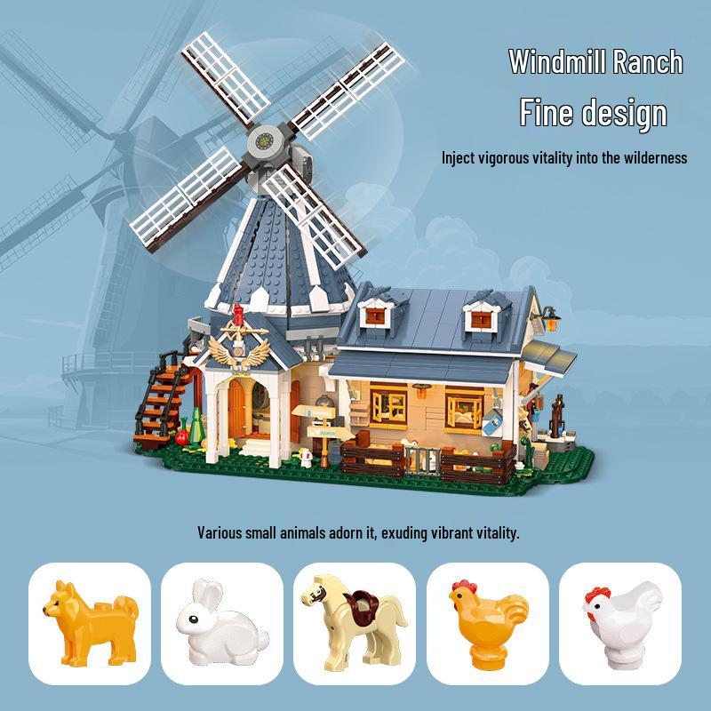 Jie Xing Windmill Ranch Scene with Light-Up Parts - Building Blocks Toy Gift for Kids