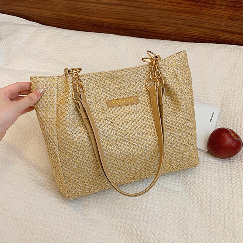 Trendy Korean Simple Design Woven Tote Bag Fashionable Beige And Khaki Options