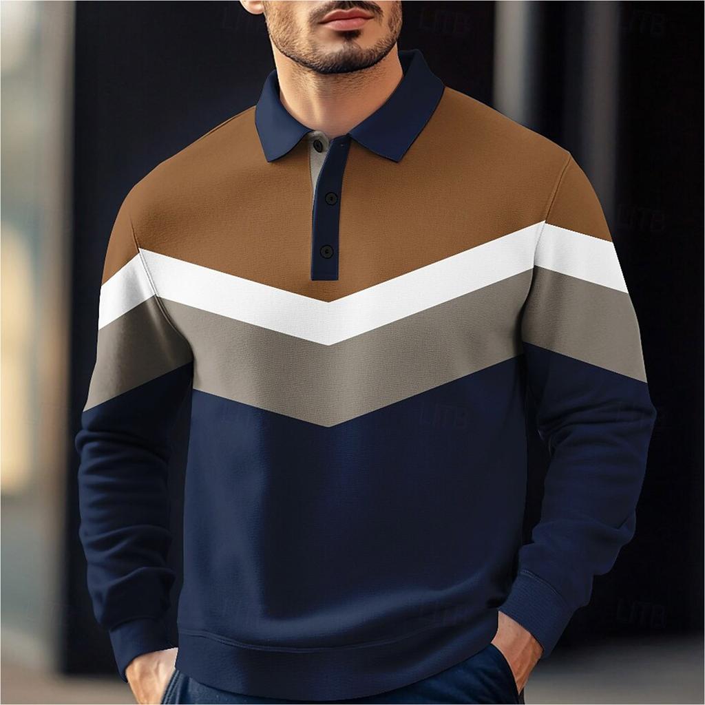 Men's Casual Loose Colorblock Print Lapel Button Long Sleeve Top