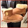 Fashion One Button Low Cut, Two In One Genuine Leather, Real Wool, Sheep Fur, and One Fashionable Warm Chestnut Thick Snow Boots