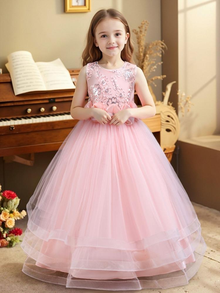 Платье для вечеринки для девочек, юбка, цветочное сетчатое тюлевое платье-пачка, для детей среднего и старшего возраста, длинный рождественский костюм для выступления 632 Детское принцессное