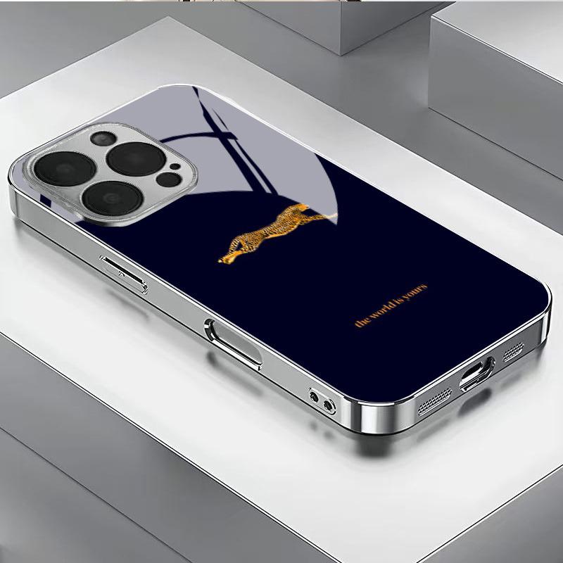 Крутой чехол из закаленного стекла с леопардовым принтом с гальваническим покрытием для iPhone 17 Pro Max 11 12 13 14 15 Pro 16 Plus 16E 17 Air Cover