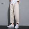 Мужские девятые брюки с тонкими боковыми карманами на шнурке и эластичной резинкой на талии в японском стиле с широкими штанинами, сплошной цвет в стиле ретро, ​​спортивные штаны для тренировок в тренажерном зале, длинные брюки