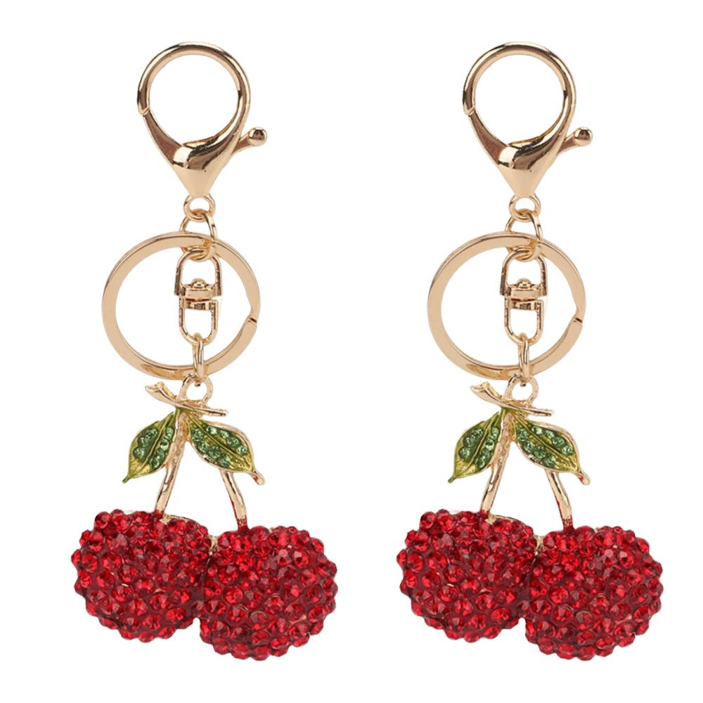 2pcs Sparkling Finish Cherry Keychain Red & Pink Key Ring Pendant Fruit Bag Charm For Car Accessory