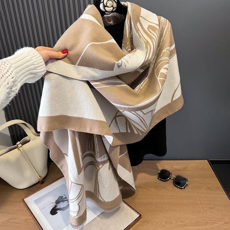 Retro Printing Contrasting Colors Double-sided Imitation Cashmere Scarf Winter High-end Warm Shawl Women