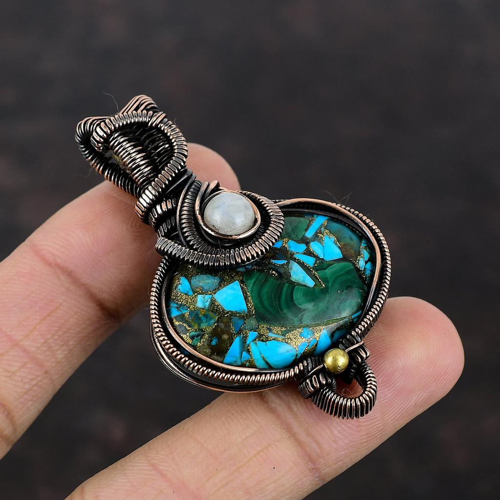 Медный малахитовый бирюзовый кулон, обернутый медной проволокой, ювелирное изделие, кулон с лунным камнем, драгоценный камень, подарок маме, кулон из медной проволоки ручной работы