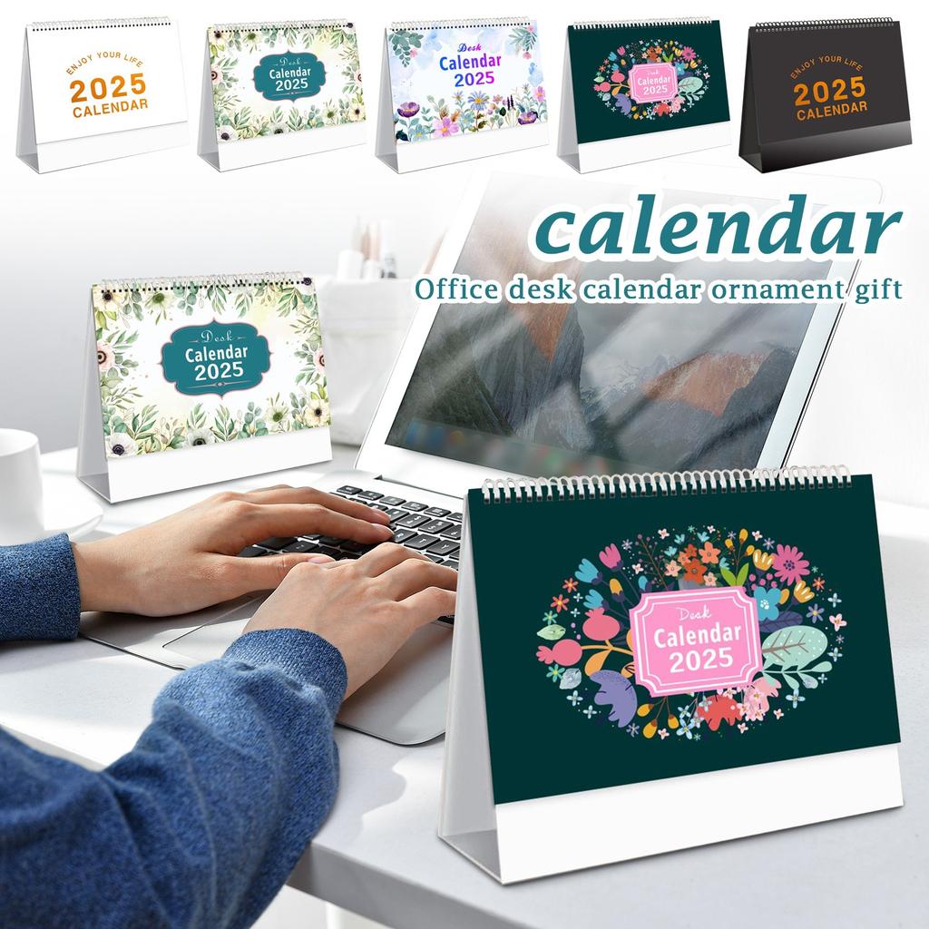 Small Desk Calendar Floral Desktop Standing Calendar, Horizontal Gold Coils Binding Calendar Monthly Flip Schedule For Home Classroom