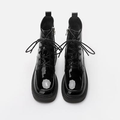 Новые осенние короткие ботинки на толстой подошве и толстом каблуке черного цвета в британском стиле со шнуровкой и квадратным носком для невысоких женщин