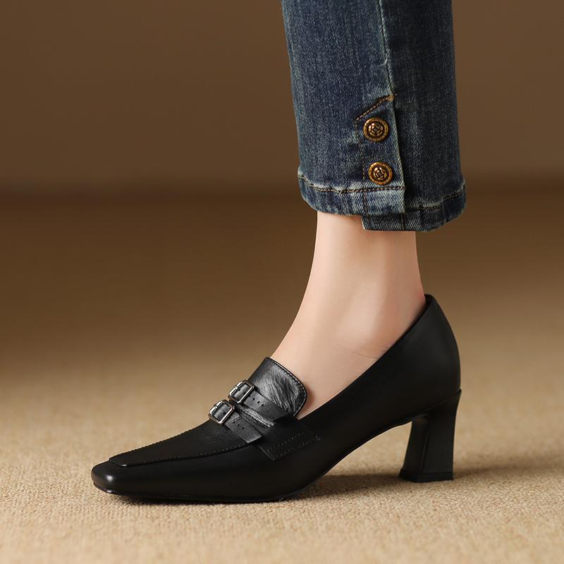 Модная женская обувь Обувь из натуральной кожи Туфли на высоком каблуке Модные Ретро Элегантные С квадратным носком Удобные Повседневные туфли Женские для работы в офисе