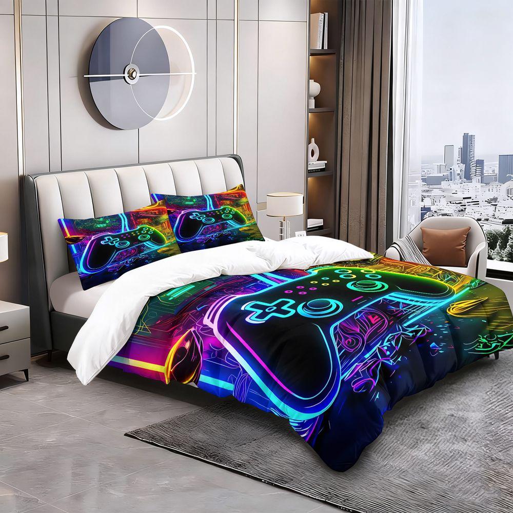 Neon Gaming Controller Duvet Cover Set(1 Duvet Cover & 1/2 Pillowcase)Cool E-sports Bedding Set For Teens Bedroom Decor