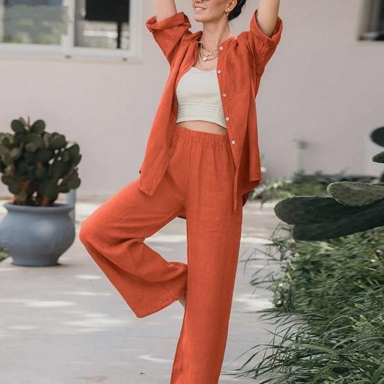 Women's Cotton Linen Two Piece Set Half Sleeve Button Down Shirt Wide Leg Pants Set Casual Tracksuit for Spring Summer Autumn