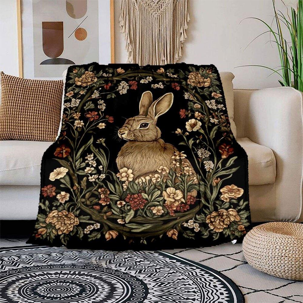 "Rabbit in Flowers: Elegant Wall Art Print"Blanket Flannel Throw Blanket for Sofa, Bed, Travel, Camping, Office, Couch, Chair, And Bed Gift