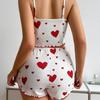 2 Pcs/Set Women Summer Pajamas Suit Adjustable Strap Sleeveless Heart Print Crop Top Shirring Bedroom Sleepwear Set