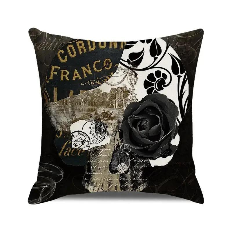 Gothic Black Cat Skull Cushion Cover Witchy Pentagram Tarot Peach Skin Throw Pillowcase For Sofa Living Room Halloween Decor