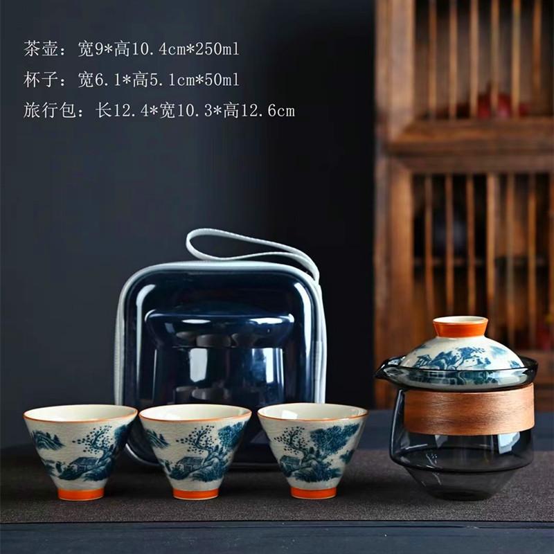 Ge kiln hand-painted travel tea set portable express cup one pot three cups company annual meeting business celebration gifts