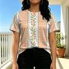 Women's Korean Floral Plaid Short Sleeve T-Shirt, Soft Fabric Simple Versatile Casual Tee for Daily & Night Out