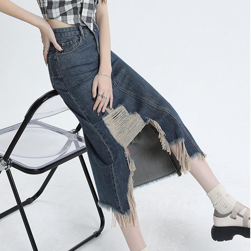 Irregular Retro Denim Midi Skirt Women Summer High Waist Slim Split A-line Skirt Female Streetwear Casual Vintage Y2K Blue