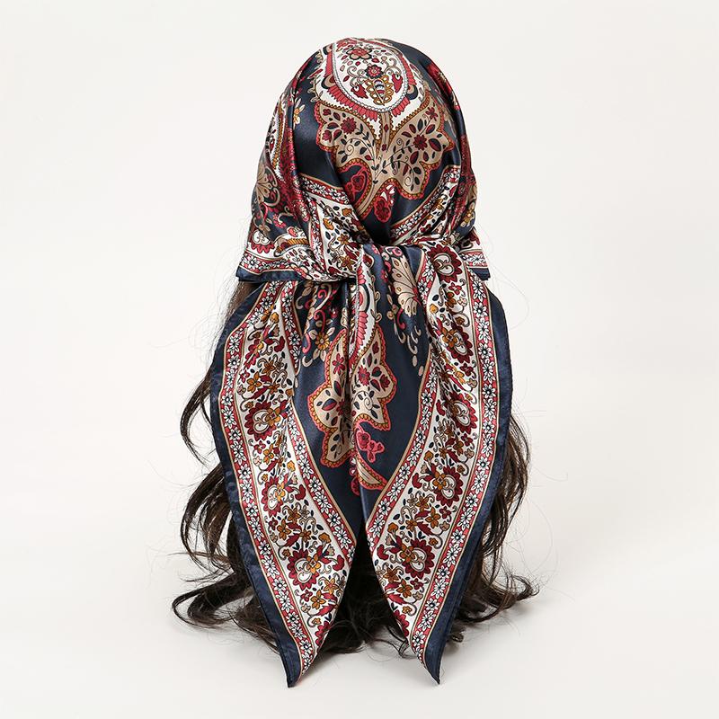 Satin Square Scarf Women Muslim Hijab Elegant Print Silk Neckerchief Shawl Wraps Headband Handle Hair Accessories Bandana