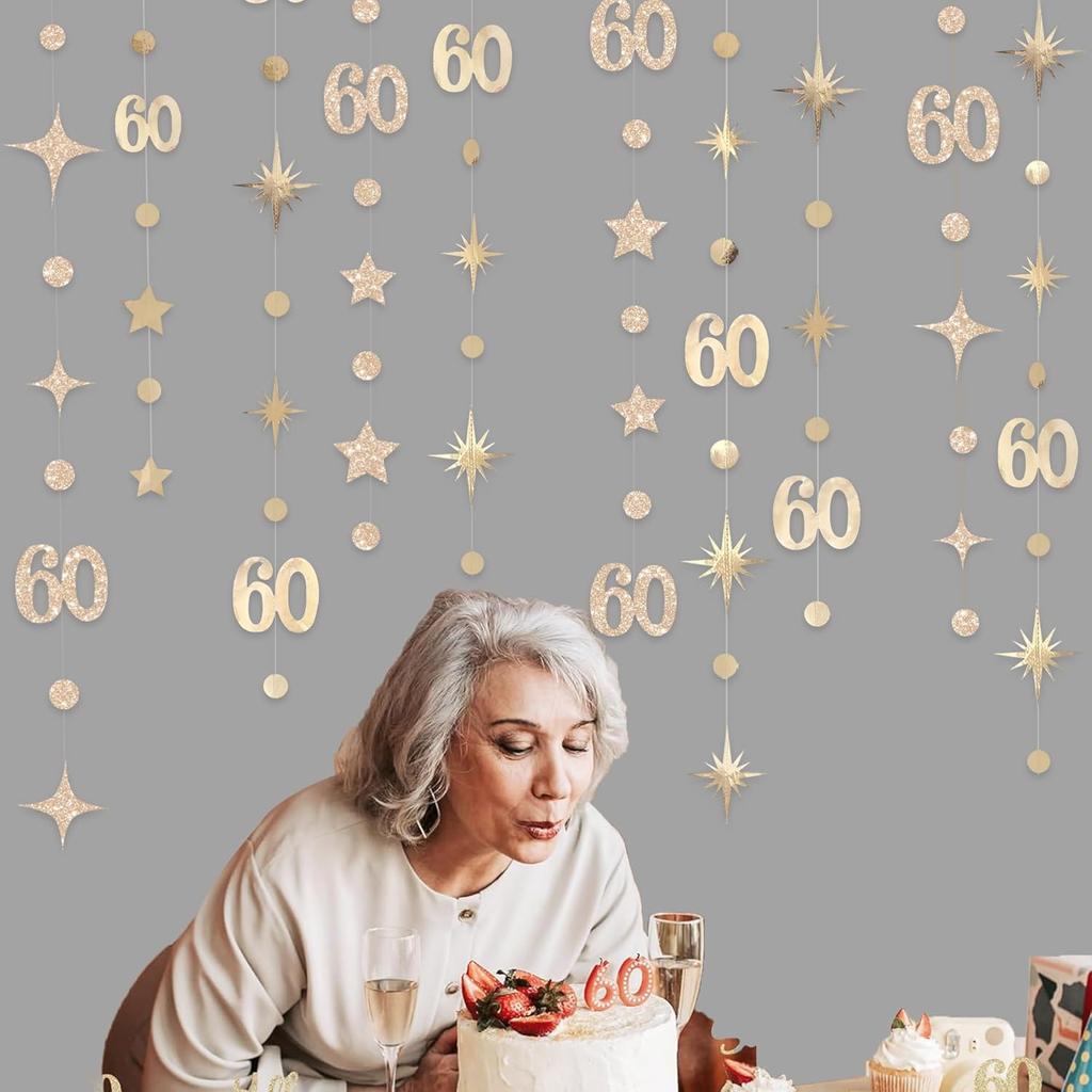 Шампанское Золото Украшения на 60-летие Цифра 60 Круг Точка Звезда Гирлянда Металлический Серпантин Баннер для Женщин Мужчин За 60 Лет День Рождения