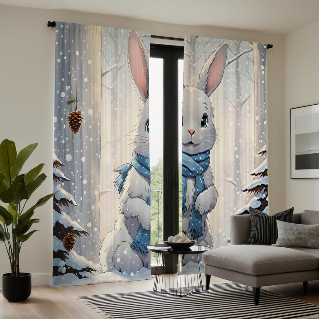 2 Pieces of HD Rabbit Curtain In the Snow White Tie Digital Printed Curtain Home Decoration Style Decoration Living Room Bedroom