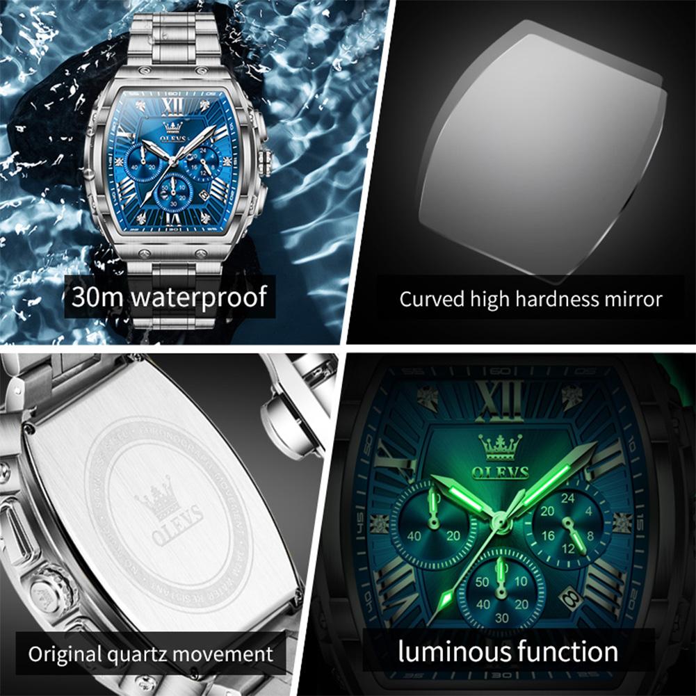 Tonneau Chronograph Men's Watches 30m Waterproof Quartz Original Wristwatch Stainless Steel Luminous Watch