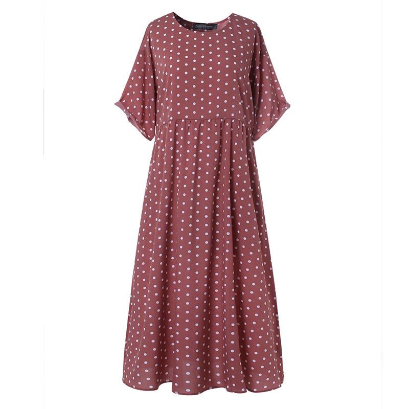 ZANZEA Women Round Neck Polka Dot Print Short Sleeve Summer Dress