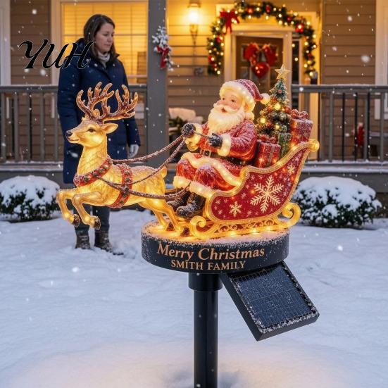 Holiday Landscaping Lighting Santa And Reindeer Sleigh Solar Garden Stake Light, Warm LED Christmas Pathway Decorative Lawn for Lamp, Powered Outdoor