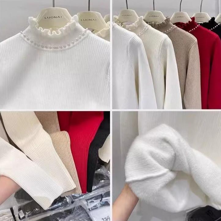 Утолщенный бархатный свитер, женский вязаный свитер с деревянными ушками и бусинами, однотонный, теплый, с внутренней флисовой толстовкой